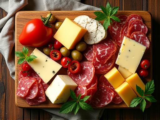 Colorful antipasti platter with cheeses, cured meats, and vegetables